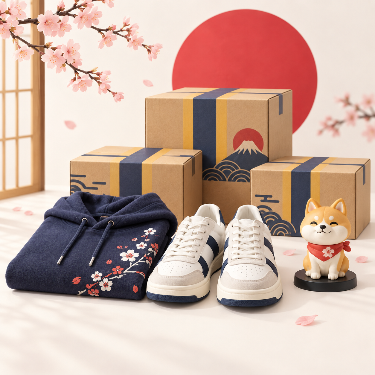 Tiga produk Jepang dan paket yang menggambarkan promo belanja beberapa barang sekaligus