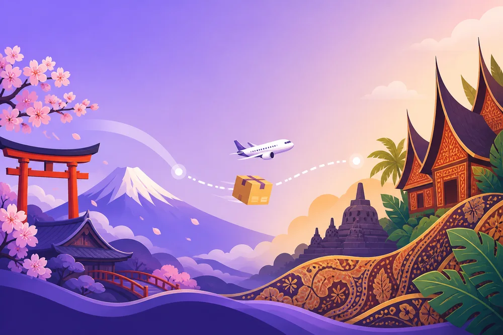 Ilustrasi budaya Jepang dan Indonesia dalam perjalanan layanan jastip yayoi.id